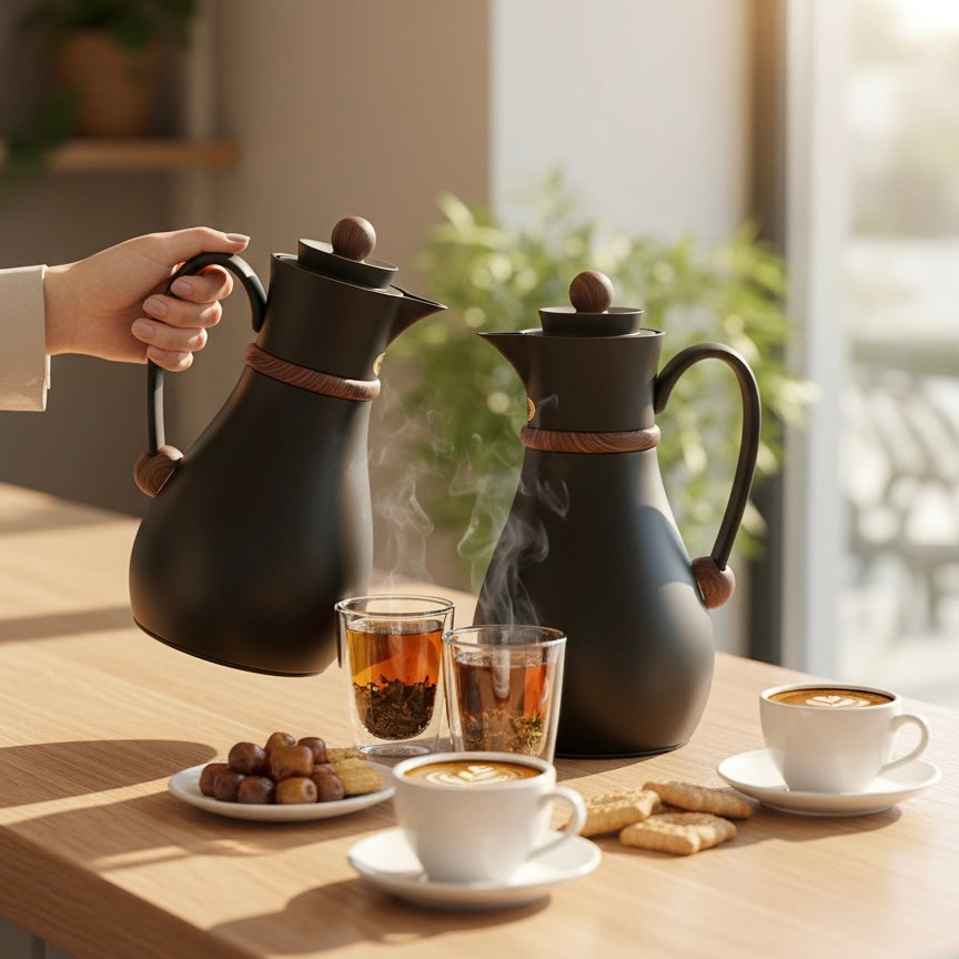 طقم نجيب المزدوج – ترمس حراري للقهوة والشاي (أسود وخشبي، 1 لتر + 0.7 لتر)