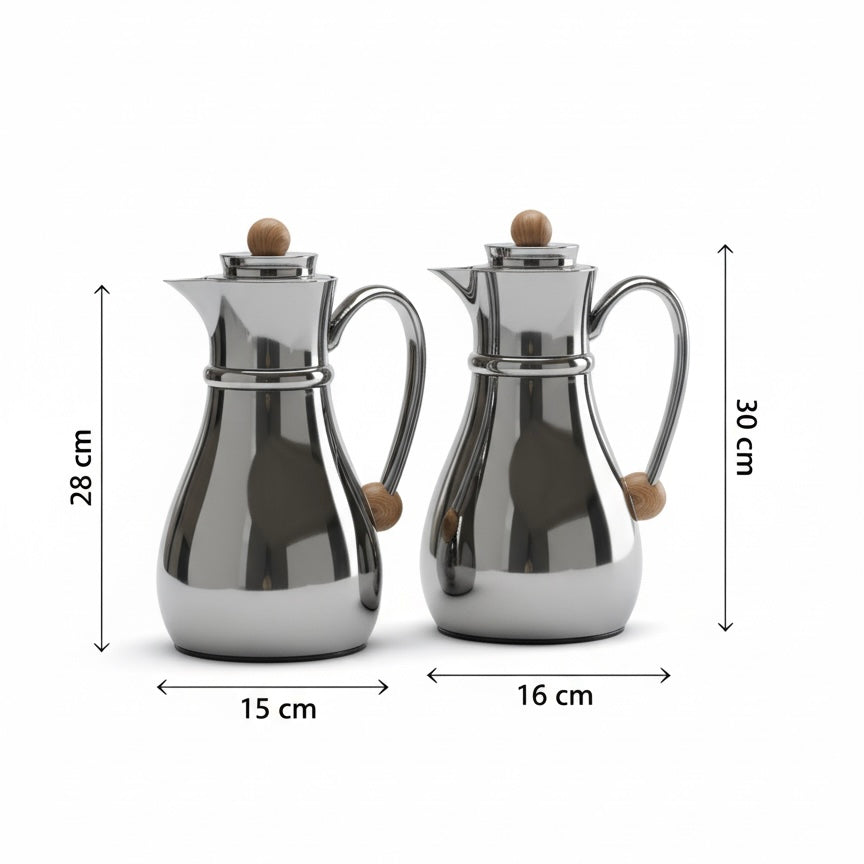Najib Double Set – Coffee & Tea Thermal Flask (Shiny Black & Wood, 1L + 0.7L) - Mawaeen