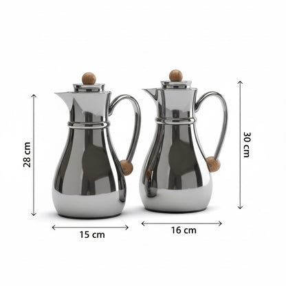 Najib Double Set – Coffee & Tea Thermal Flask (Shiny Black & Wood, 1L + 0.7L) - Mawaeen