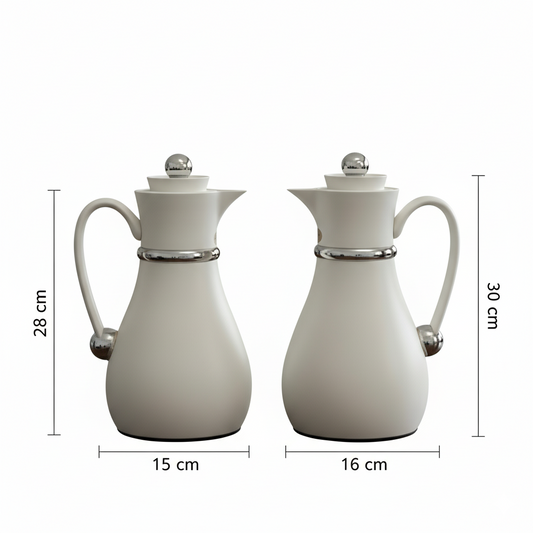 Najib Double Set – Coffee & Tea Thermal Flask (White & Silver, 1L + 0.7L) - Mawaeen