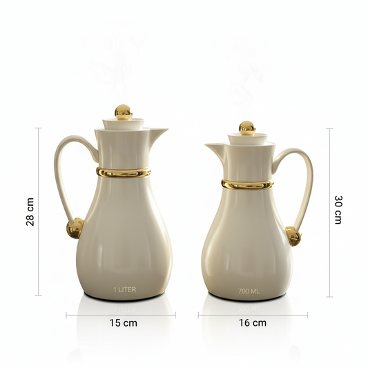 Najib Double Set – Coffee & Tea Thermal Flask (Beige & Gold, 1L + 0.7L) - Mawaeen