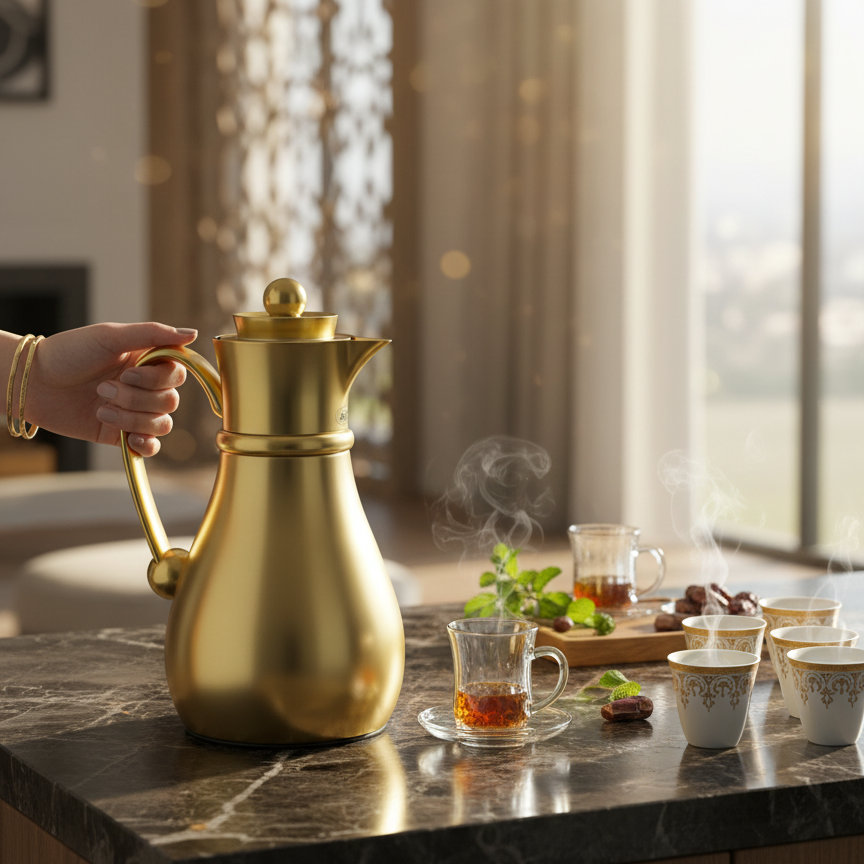 طقم نجيب المزدوج - ترمس حراري للقهوة والشاي (ذهبي، 1 لتر + 0.7 لتر)