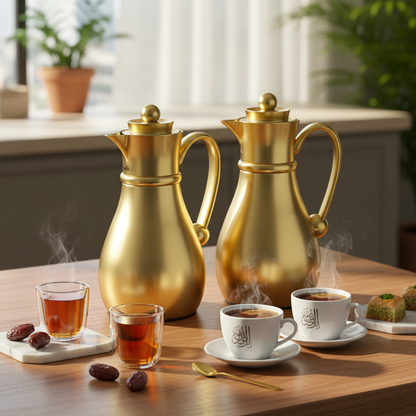 طقم نجيب المزدوج - ترمس حراري للقهوة والشاي (ذهبي، 1 لتر + 0.7 لتر)