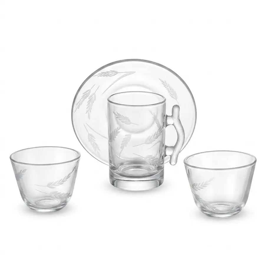 Modern 18-Piece Clear Glass Tea & Coffee Set - Wheat-Etched - Mawaeen