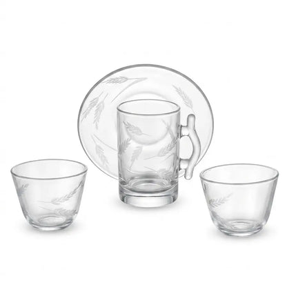 Modern 18-Piece Clear Glass Tea & Coffee Set - Wheat-Etched - Mawaeen