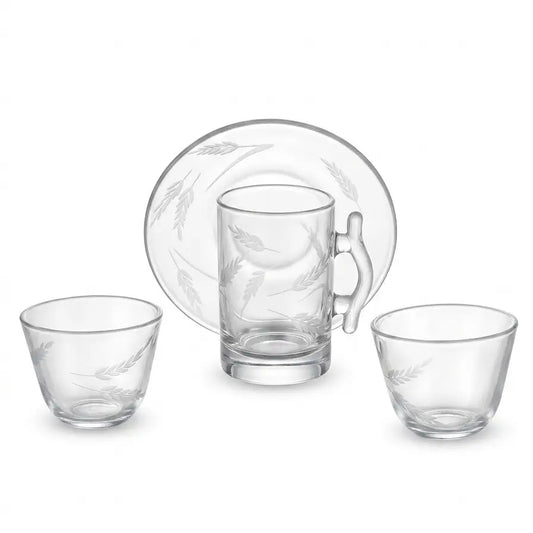 Modern 18-Piece Clear Glass Tea & Coffee Set - Wheat-Etched - Mawaeen