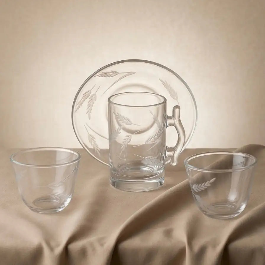 Modern 18-Piece Clear Glass Tea & Coffee Set - Wheat-Etched - Mawaeen