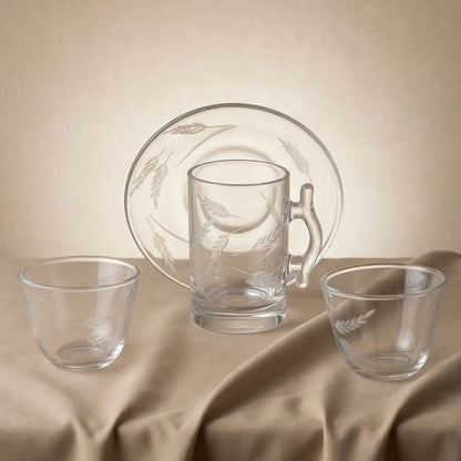 Modern 18-Piece Clear Glass Tea & Coffee Set - Wheat-Etched - Mawaeen