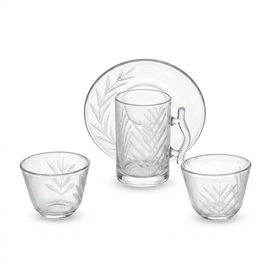 Modern 18-Piece Clear Glass Tea & Coffee Set - Leaf-Etched - Mawaeen