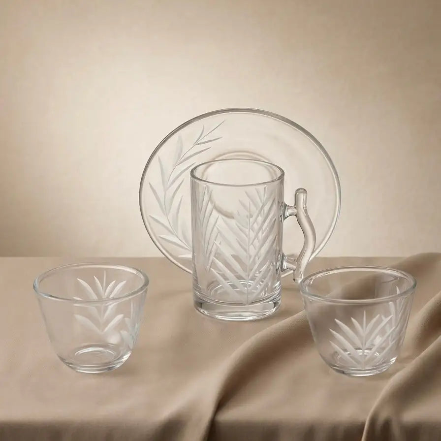 Modern 18-Piece Clear Glass Tea & Coffee Set - Leaf-Etched - Mawaeen