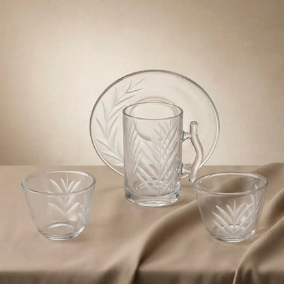 Modern 18-Piece Clear Glass Tea & Coffee Set - Leaf-Etched - Mawaeen