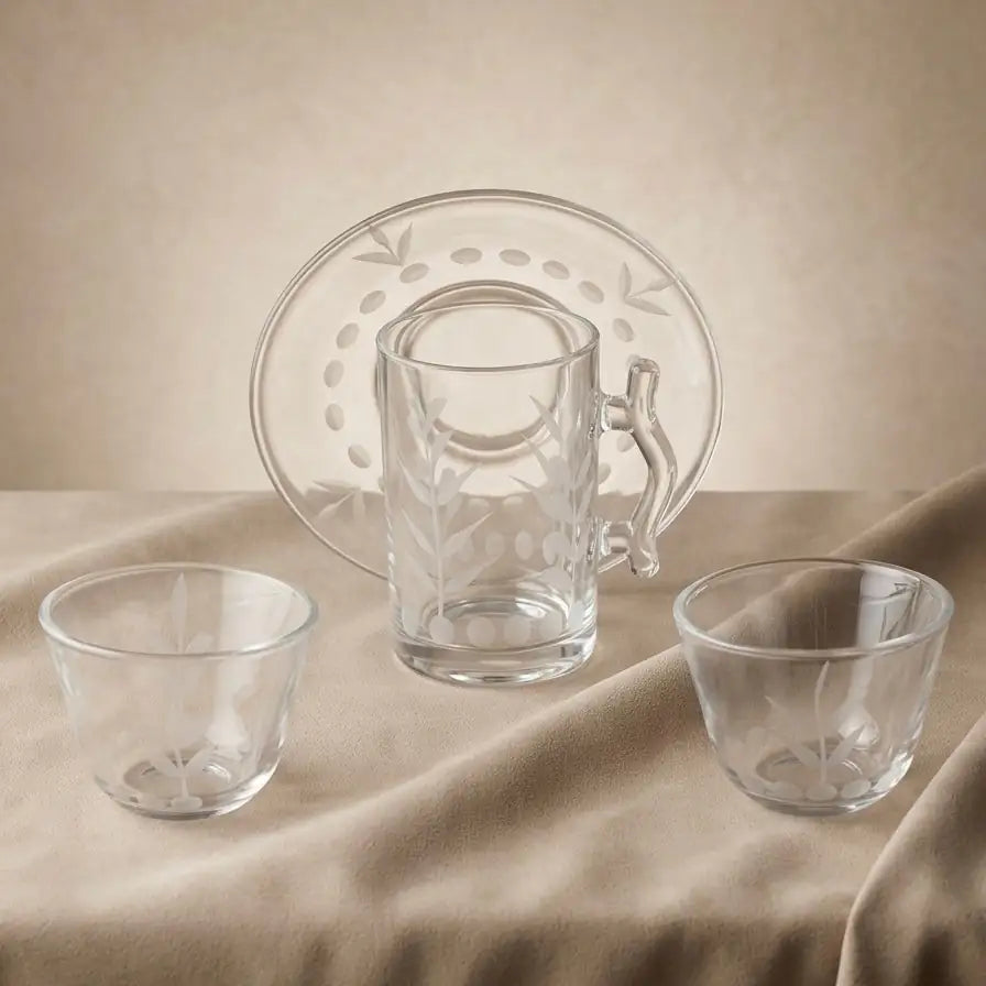 Modern 18-Piece Clear Glass Tea & Coffee Set - Olive Branch Design - Mawaeen
