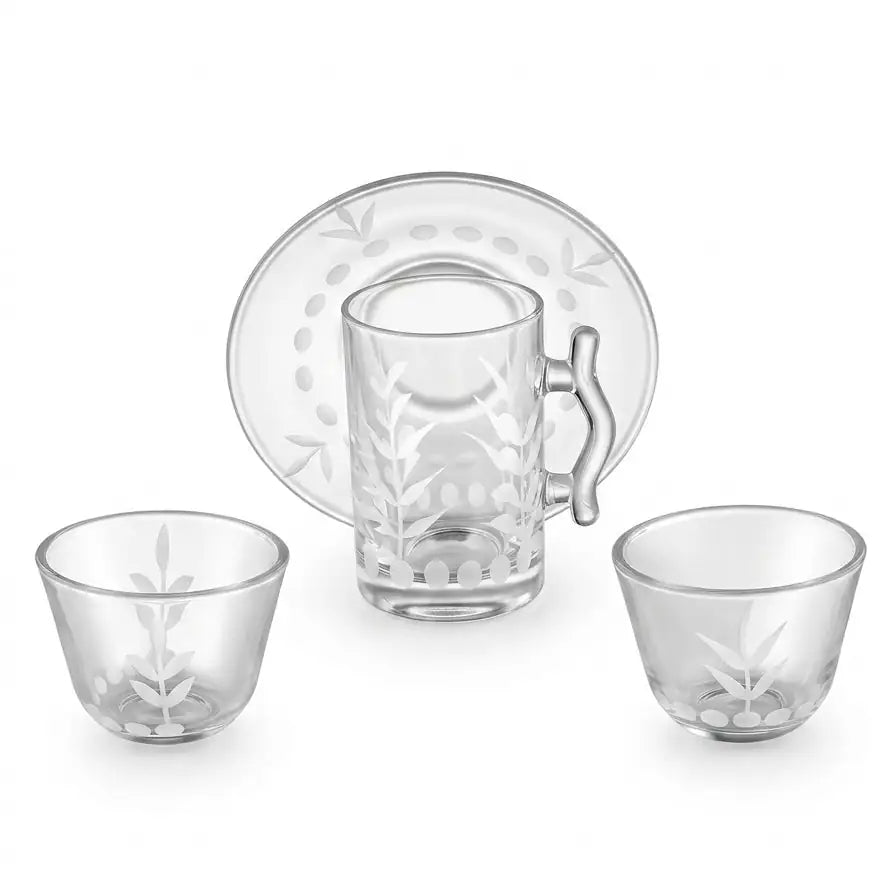 Modern 18-Piece Clear Glass Tea & Coffee Set - Olive Branch Design - Mawaeen