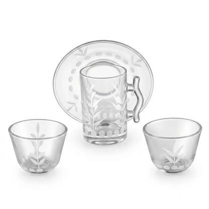 Modern 18-Piece Clear Glass Tea & Coffee Set - Olive Branch Design - Mawaeen