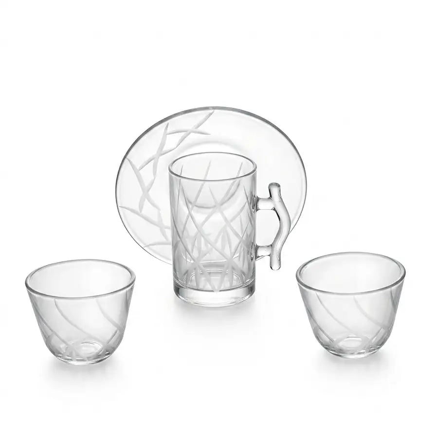 Modern 18-Piece Clear Glass Tea & Coffee Set - Abstract Engravings - Mawaeen