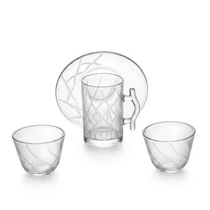 Modern 18-Piece Clear Glass Tea & Coffee Set - Abstract Engravings - Mawaeen