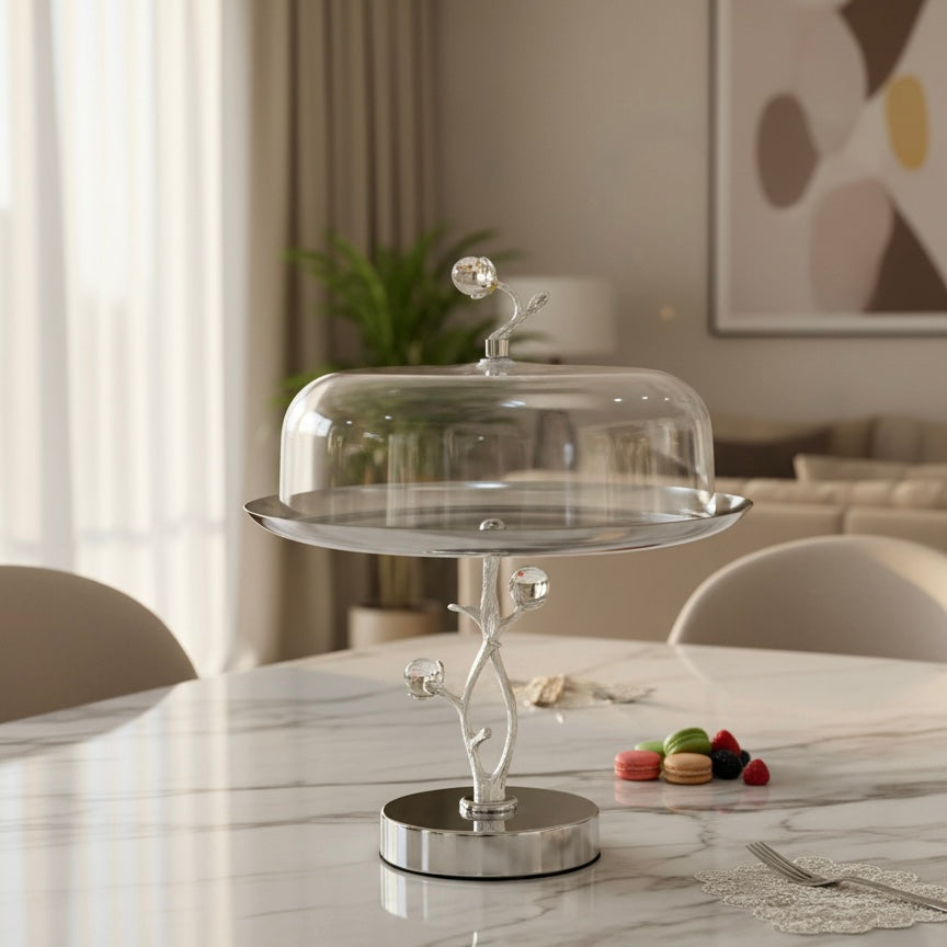 طبق حلوى فاخر من مواين مع غطاء - تصميم زهور فضي