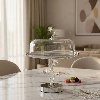 طبق حلوى فاخر من مواين مع غطاء - تصميم زهور فضي