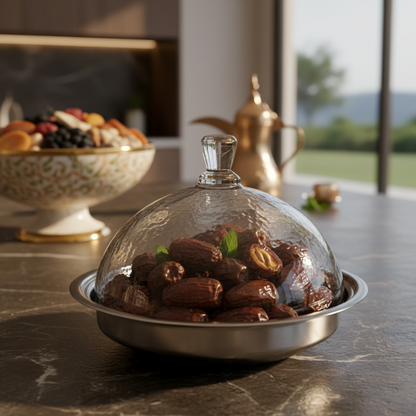 وعاء تمر فاخر مع غطاء من مواين - تصميم فضي وزجاجي