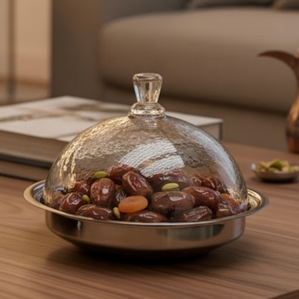 وعاء تمر فاخر مع غطاء من مواين - تصميم فضي وزجاجي