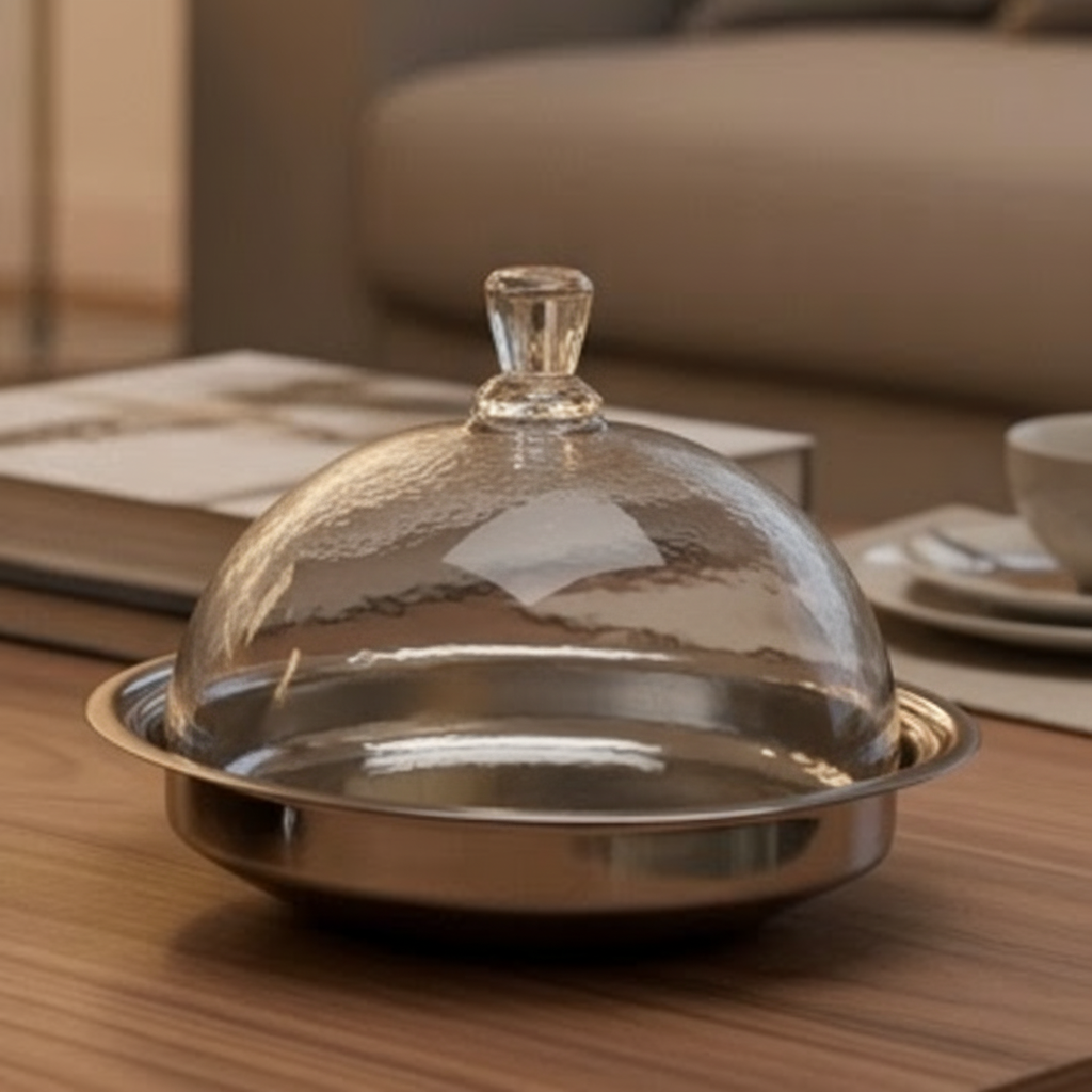 وعاء تمر فاخر مع غطاء من مواين - تصميم فضي وزجاجي