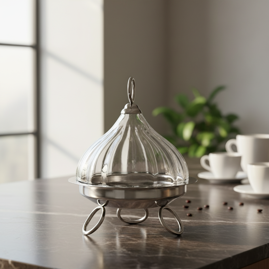 Mawaeen Raised Dessert Tajin with Wavy Glass Dome (M) - Mawaeen