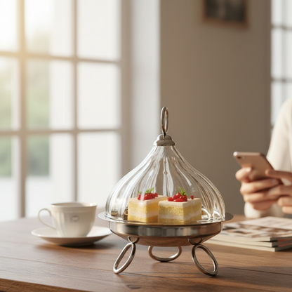 Mawaeen Raised Dessert Tajin with Wavy Glass Dome (M) - Mawaeen