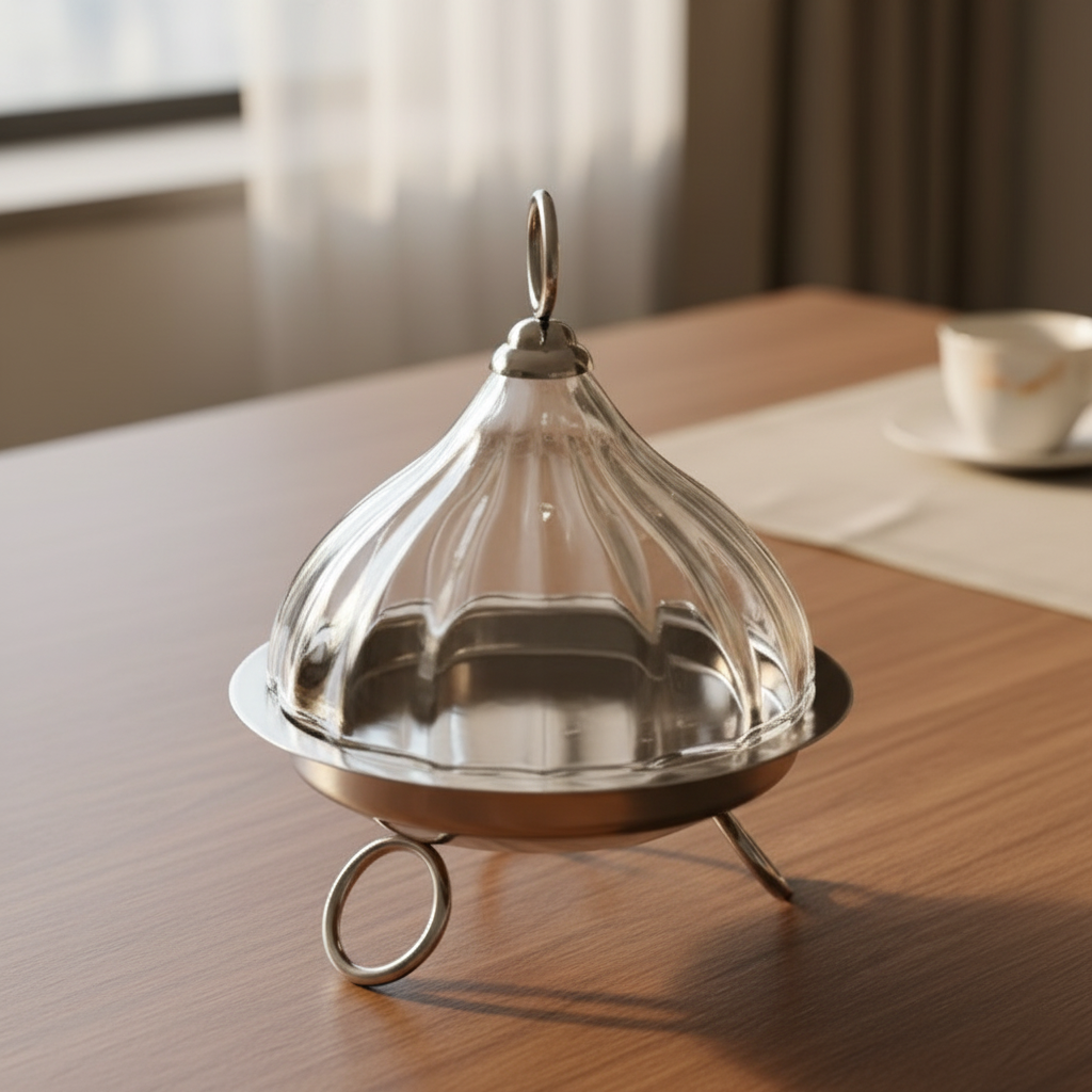 Mawaeen Raised Dessert Tajin with Wavy Glass Dome (M) - Mawaeen