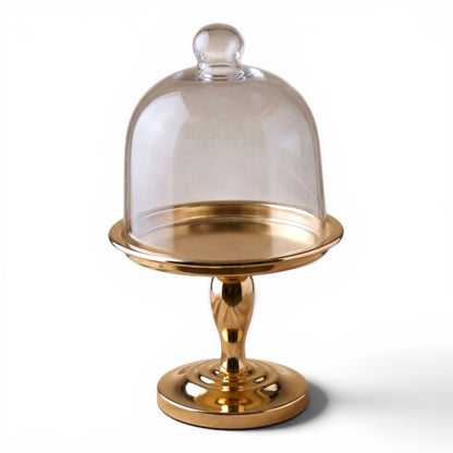 Modern Shiny Gold Dessert Stand with Glass Lid (S)