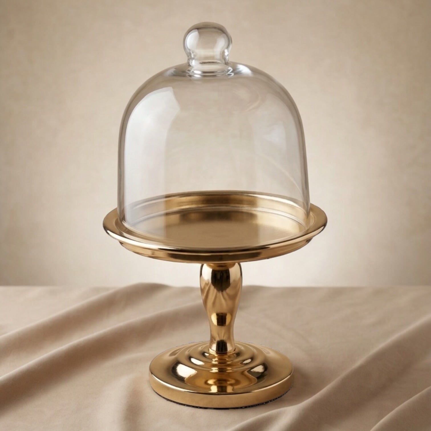 Modern Shiny Gold Dessert Stand with Glass Lid (S)