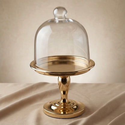 Modern Shiny Gold Dessert Stand with Glass Lid (S)