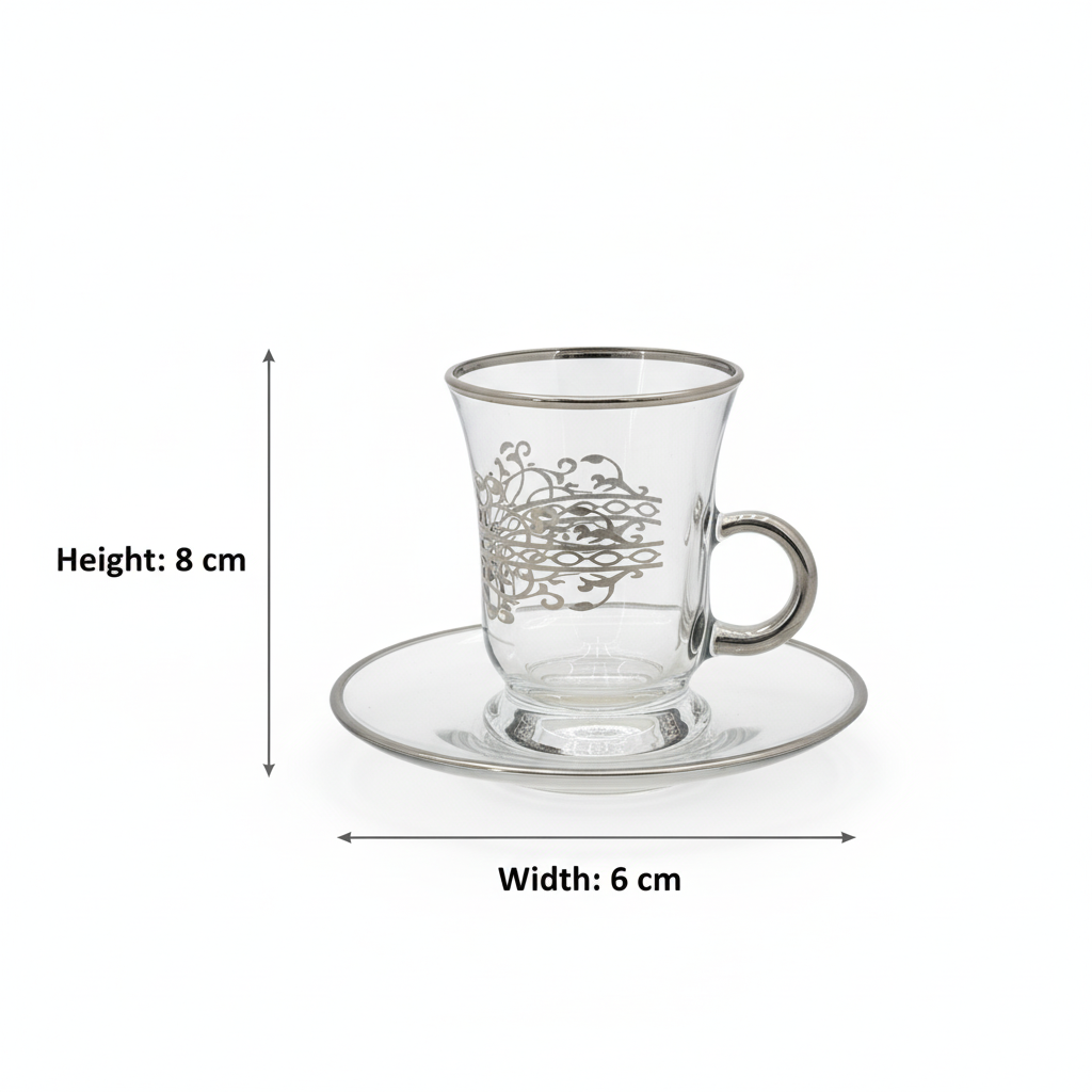 Tea Istikan Set – 6 Pieces with Plates Silver - (130cc, Turkish Made) - Mawaeen