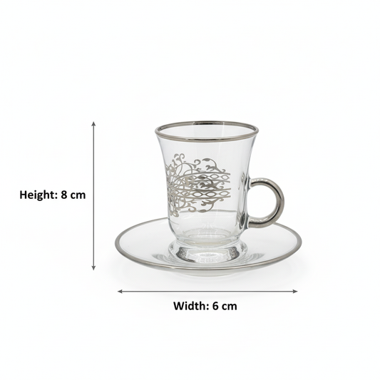 Tea Istikan Set – 6 Pieces with Plates Silver - (130cc, Turkish Made)