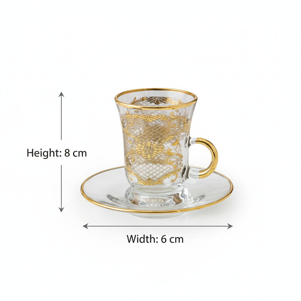 Tea Istikan Set – 6 Pieces with Plates Gold - (130cc, Turkish Made) - Mawaeen