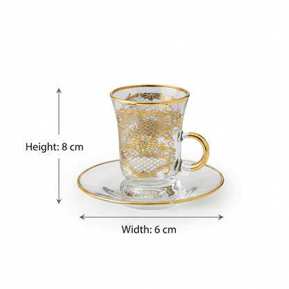 Tea Istikan Set – 6 Pieces with Plates Gold - (130cc, Turkish Made) - Mawaeen