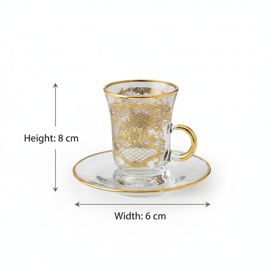 Tea Istikan Set – 6 Pieces with Plates Gold - (130cc, Turkish Made)