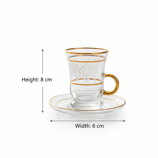 Tea Istikan Set – 6 Pieces with Plates W/Gold - (130cc, Turkish Made)