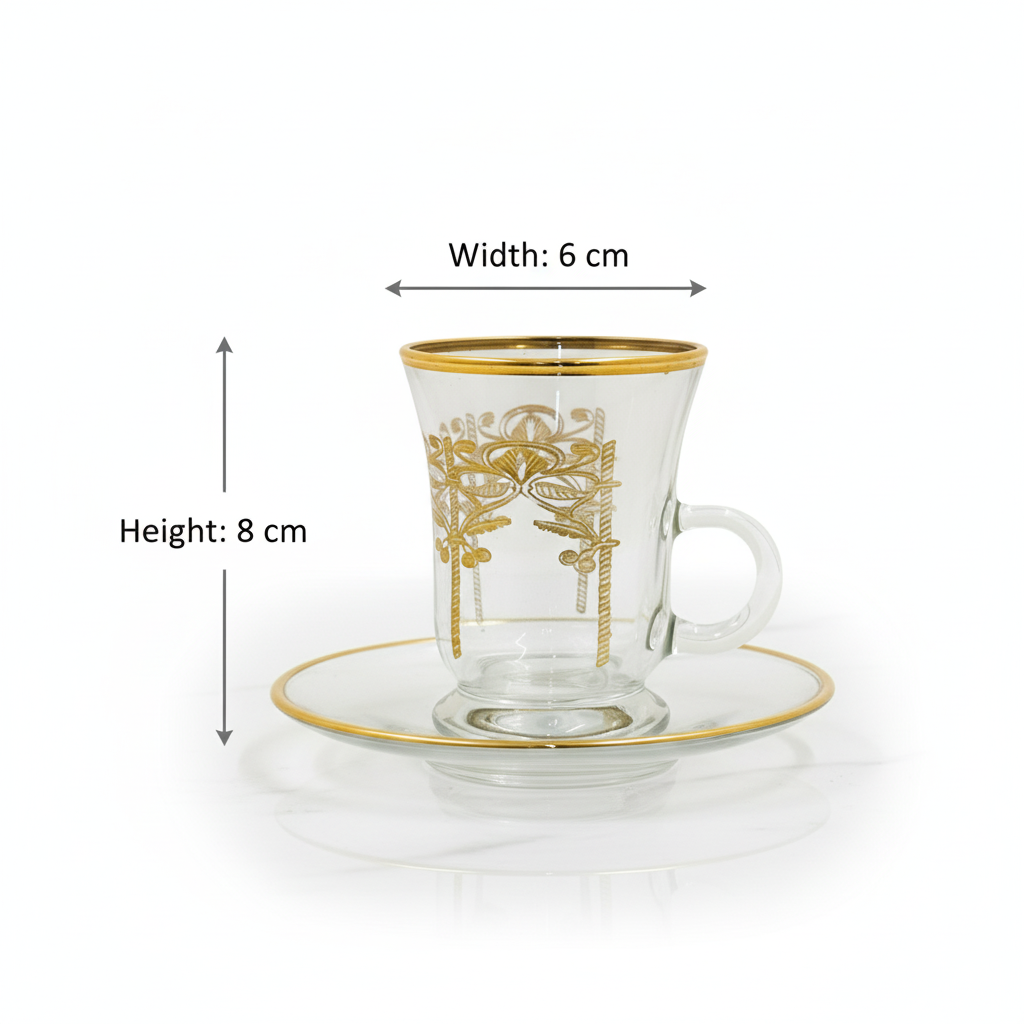 Tea Istikan Set – 6 Pieces with Plates Gold - (130cc, Turkish Made) - Mawaeen