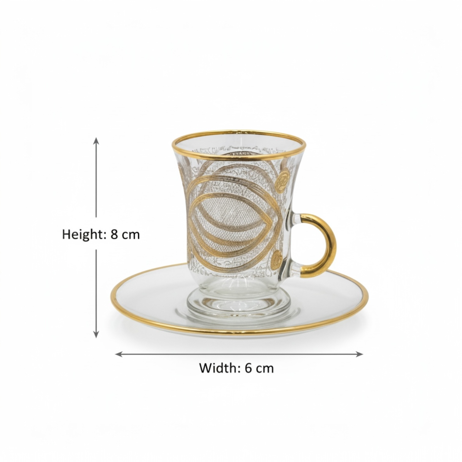 Tea Istikan Set – 6 Pieces with Plates NHGold - (130cc, Turkish Made) - Mawaeen