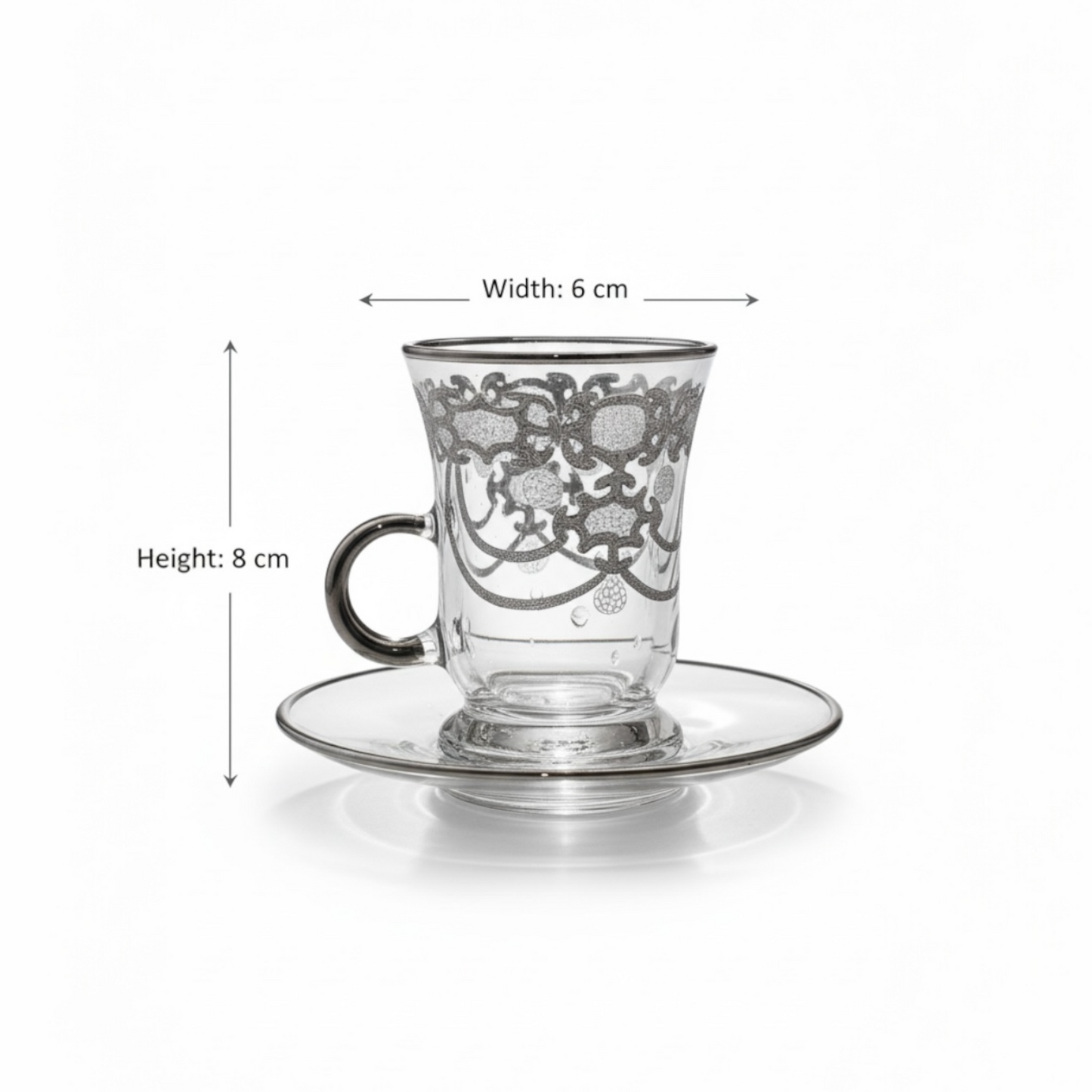 Tea Istikan Set – 6 Pieces with Plates Silver - (130cc, Turkish Made) - Mawaeen