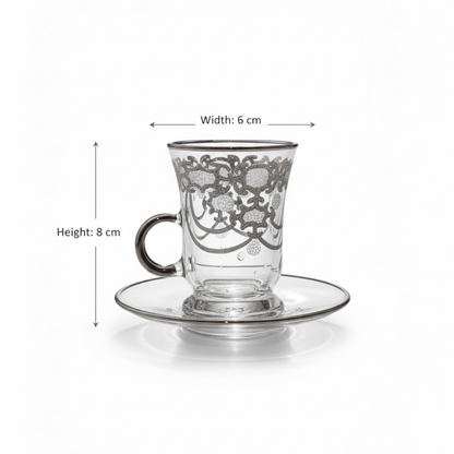 Tea Istikan Set – 6 Pieces with Plates Silver - (130cc, Turkish Made) - Mawaeen