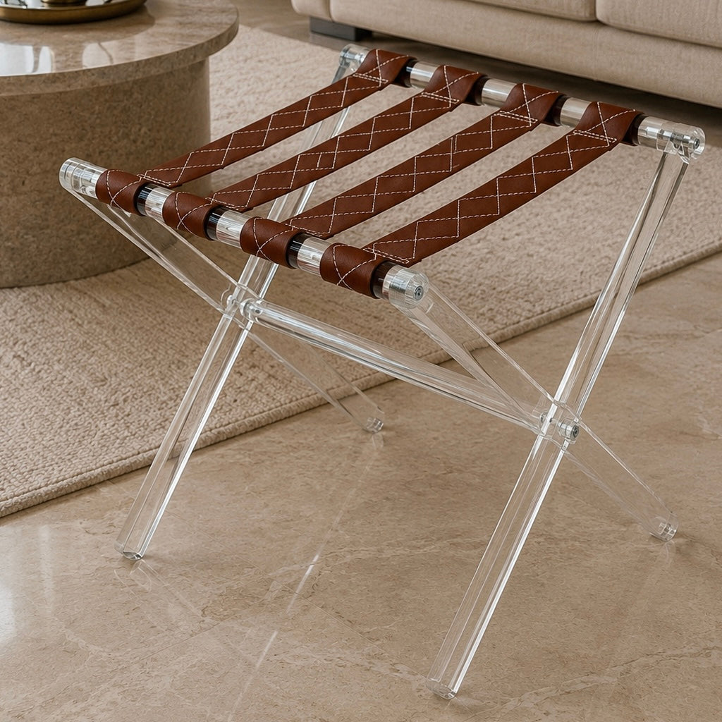 Folding Clear Acrylic Service Stand with Brown Leather Straps (2 Pcs with Stand)