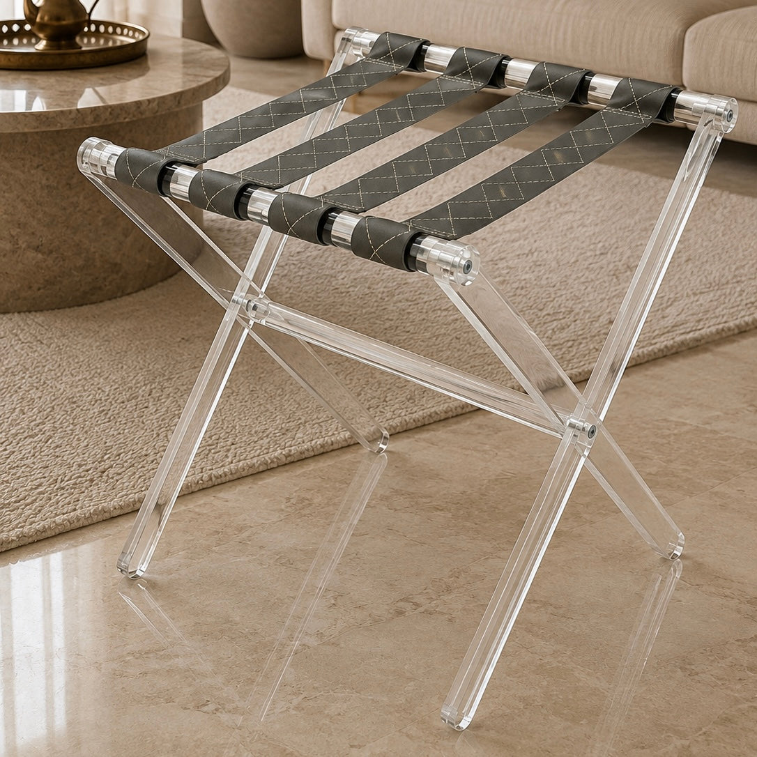 Modern Silver Textured Leather Folding Side Table Set with Stand – 2 Pieces