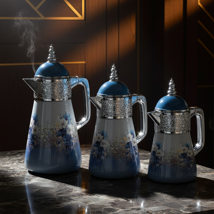 Elegant Floral Flask Set – 3 Pieces (1L + 0.7L + 0.5L) - Blue-Silver - Mawaeen