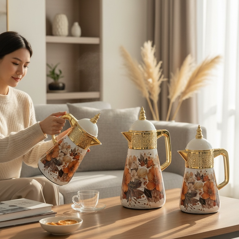 Elegant Floral Flask Set – 3 Pieces (1L + 0.7L + 0.5L) - Orange-Gold - Mawaeen