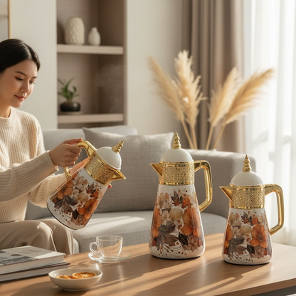 Elegant Floral Flask Set – 3 Pieces (1L + 0.7L + 0.5L) - Orange-Gold - Mawaeen