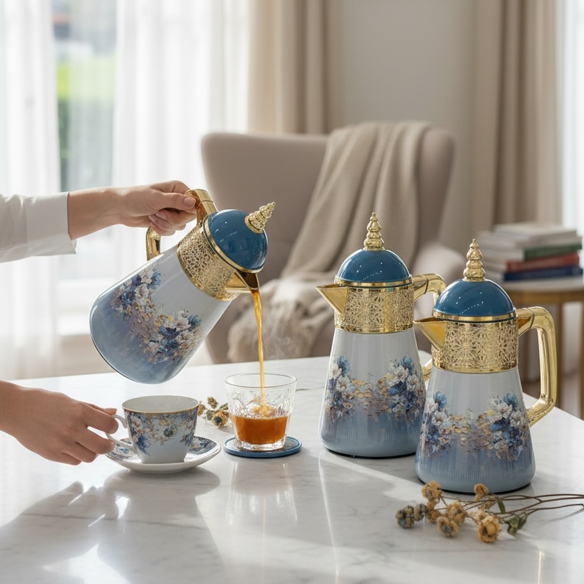 Elegant Floral Flask Set – 3 Pieces (1L + 0.7L + 0.5L) - Blue-Gold - Mawaeen