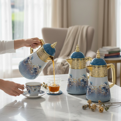 Elegant Floral Flask Set – 3 Pieces (1L + 0.7L + 0.5L) - Blue-Gold - Mawaeen