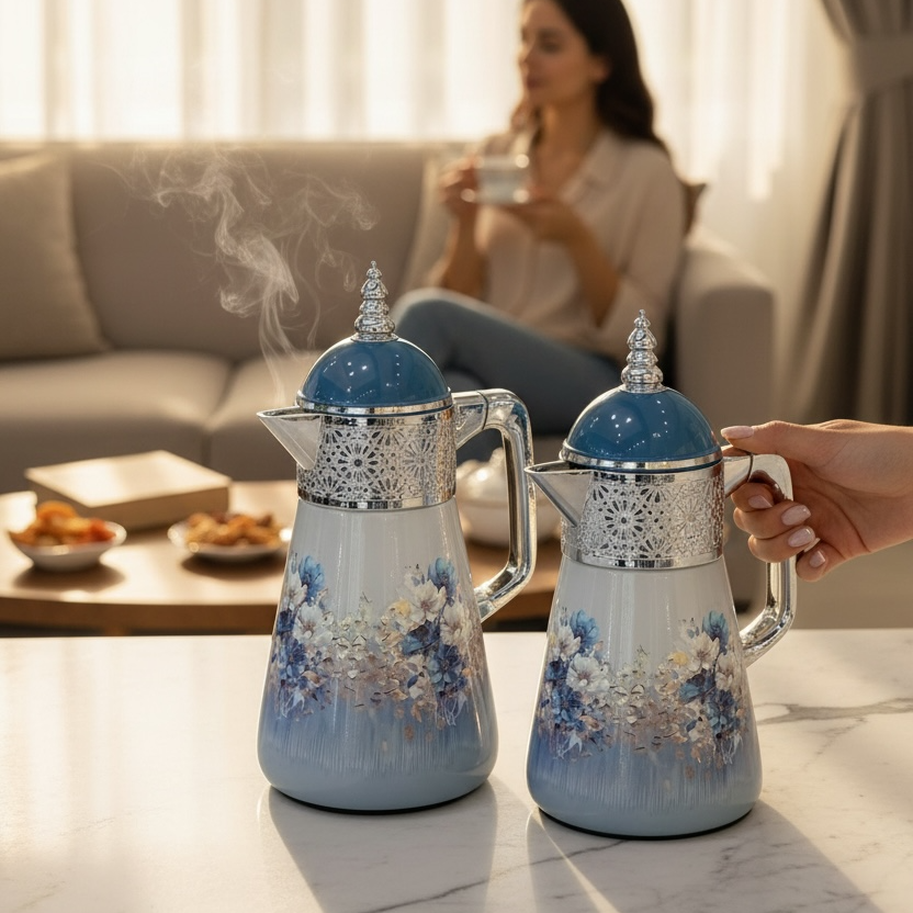 Elegant Floral Flask Set – 3 Pieces (1L + 0.7L + 0.5L) - Blue-Silver - Mawaeen