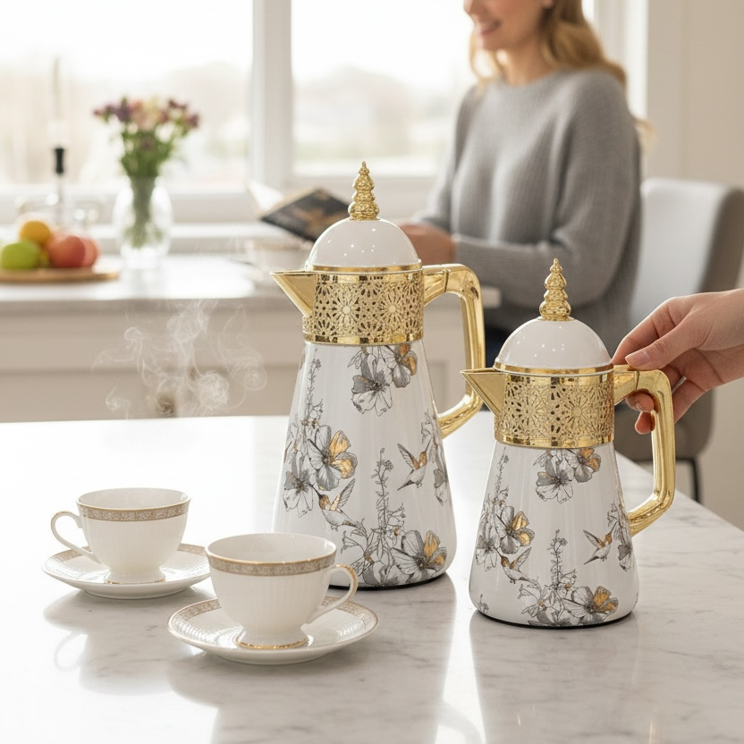 Elegant Floral Flask Set – 3 Pieces (1L + 0.7L + 0.5L) - Bird-Gold - Mawaeen